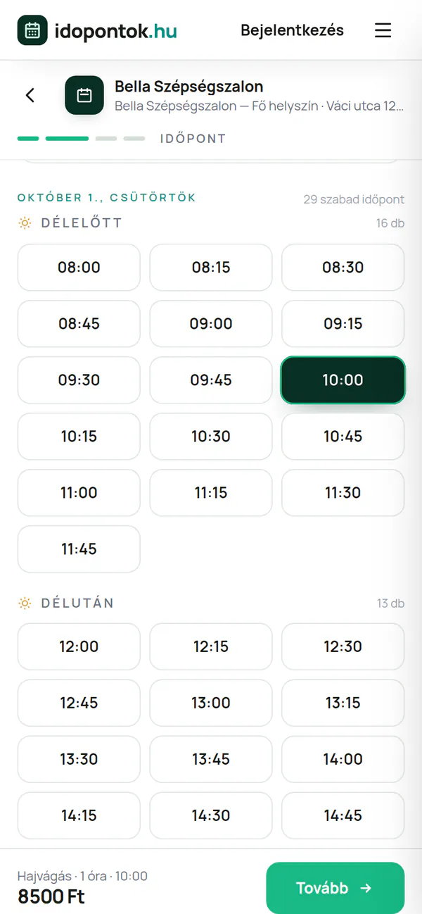 Egy szépségszalon nyilvános foglalási oldala telefonon: csütörtöki szabad időpontok délelőtt és délután, a 10:00 kiválasztva, alul a Tovább gomb.