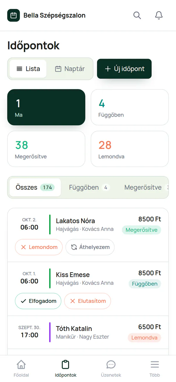 Az Időpontok képernyő telefonon: összesítő a mai, függőben lévő, megerősített és lemondott foglalásokról, alatta a lista Elfogadom és Elutasítom gombokkal.