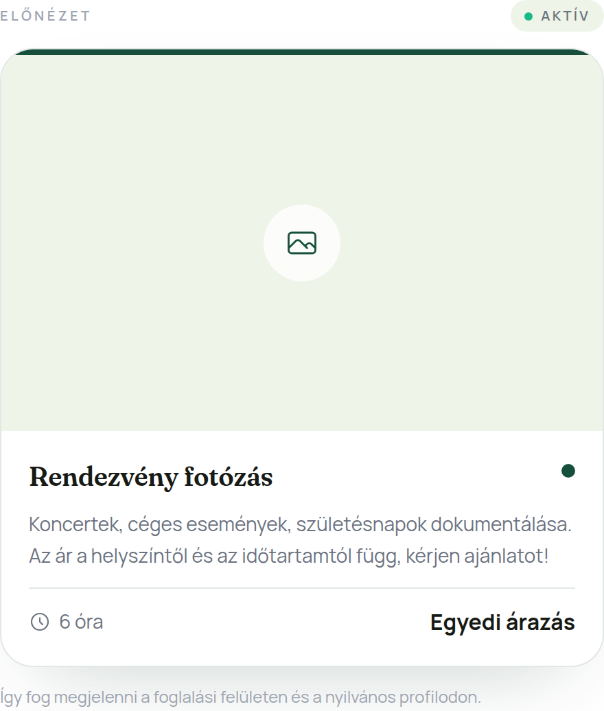 Szolgáltatás-előnézet a vezérlőpulton: ár helyett Egyedi árazás felirat