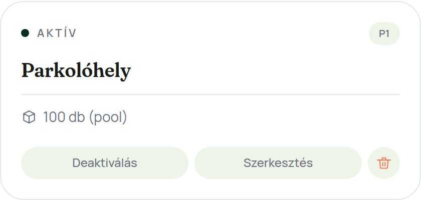 Erőforrás-kártya a vezérlőpulton: Parkolóhely, 100 darab
