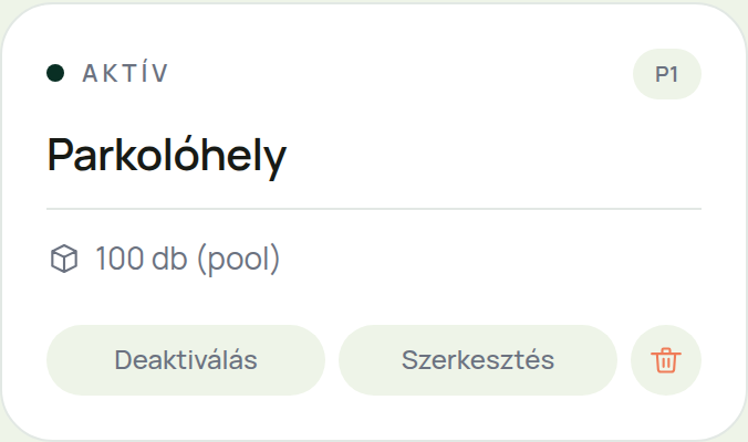 Erőforrás-kártya a vezérlőpulton: Parkolóhely, 100 darab
