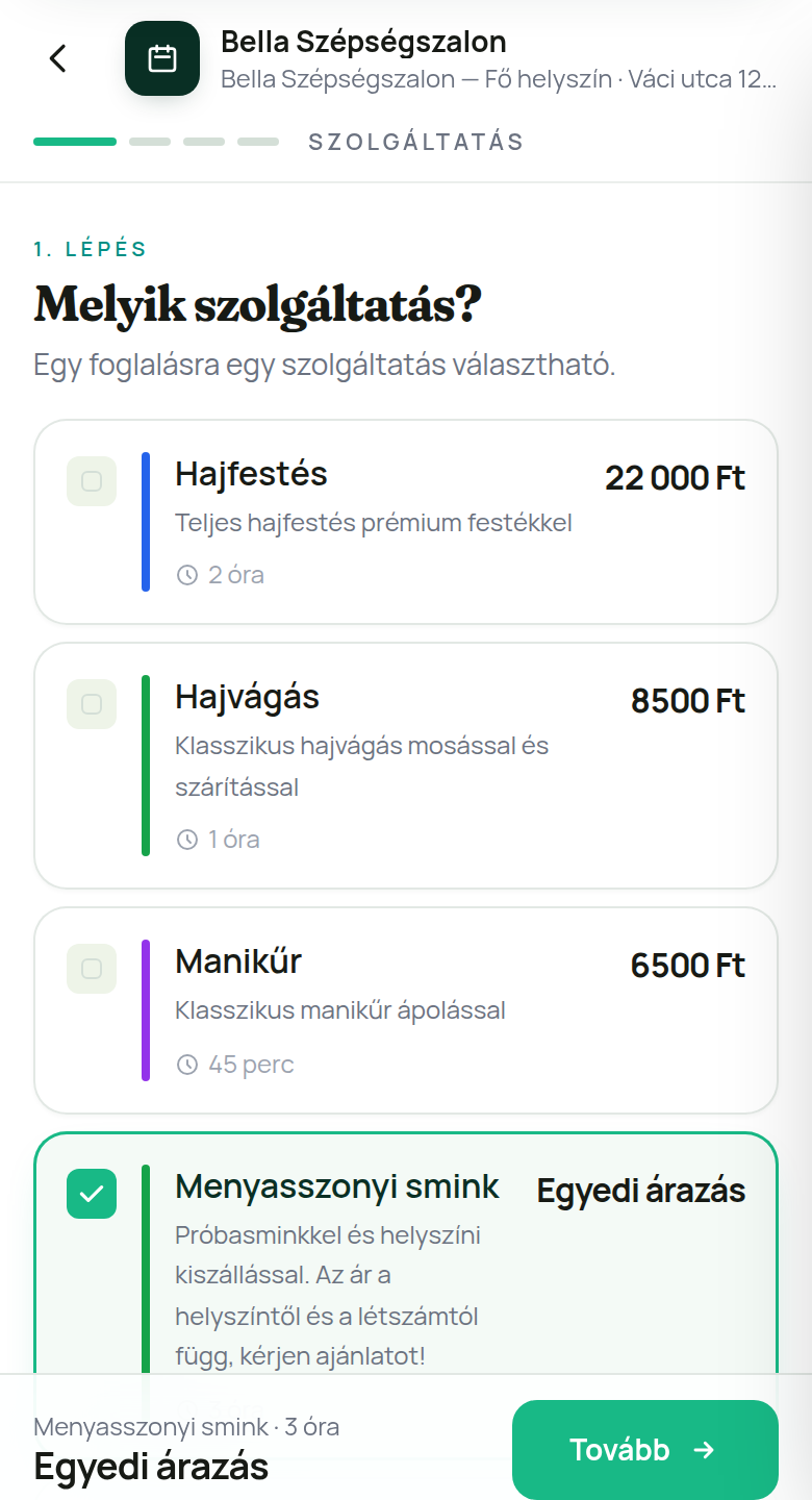 A foglalási folyamat első lépése mobilon: az egyedi árazású szolgáltatás kiválasztva, ár helyett Egyedi árazás felirattal
